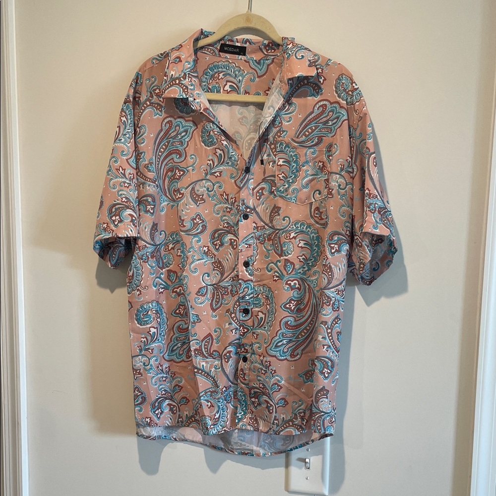 Men's Paisley Button Down Shirt - Peach and Teal